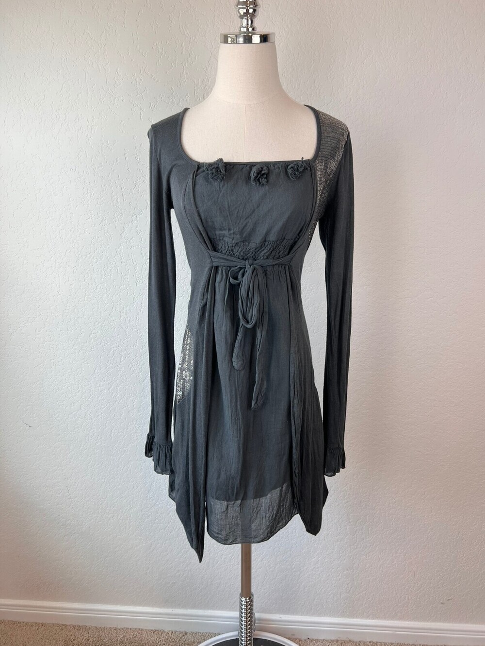 Vintage Y2K Goth Tie Top Long Sleeve Gray Sequin Whimsigoth Small